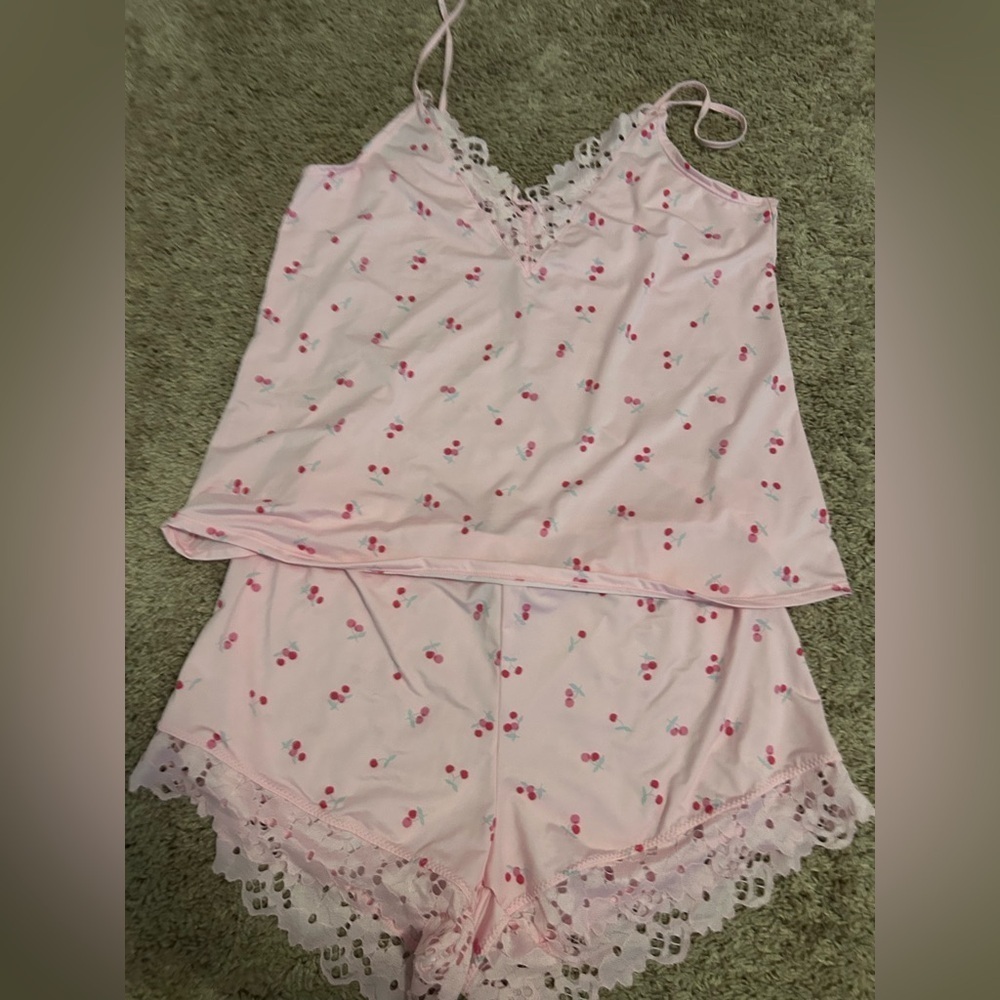 NWOT! RARE FIND! Jessica Simpson PINK Cherry 🍒 Tank Shorts Lace Pajama PJ SET